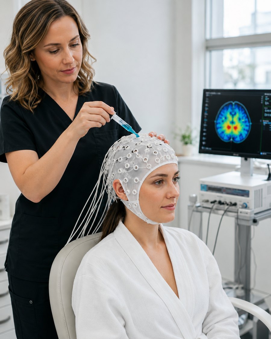 Clinician applying conductive gel into an EEG cap for brain mapping assessment